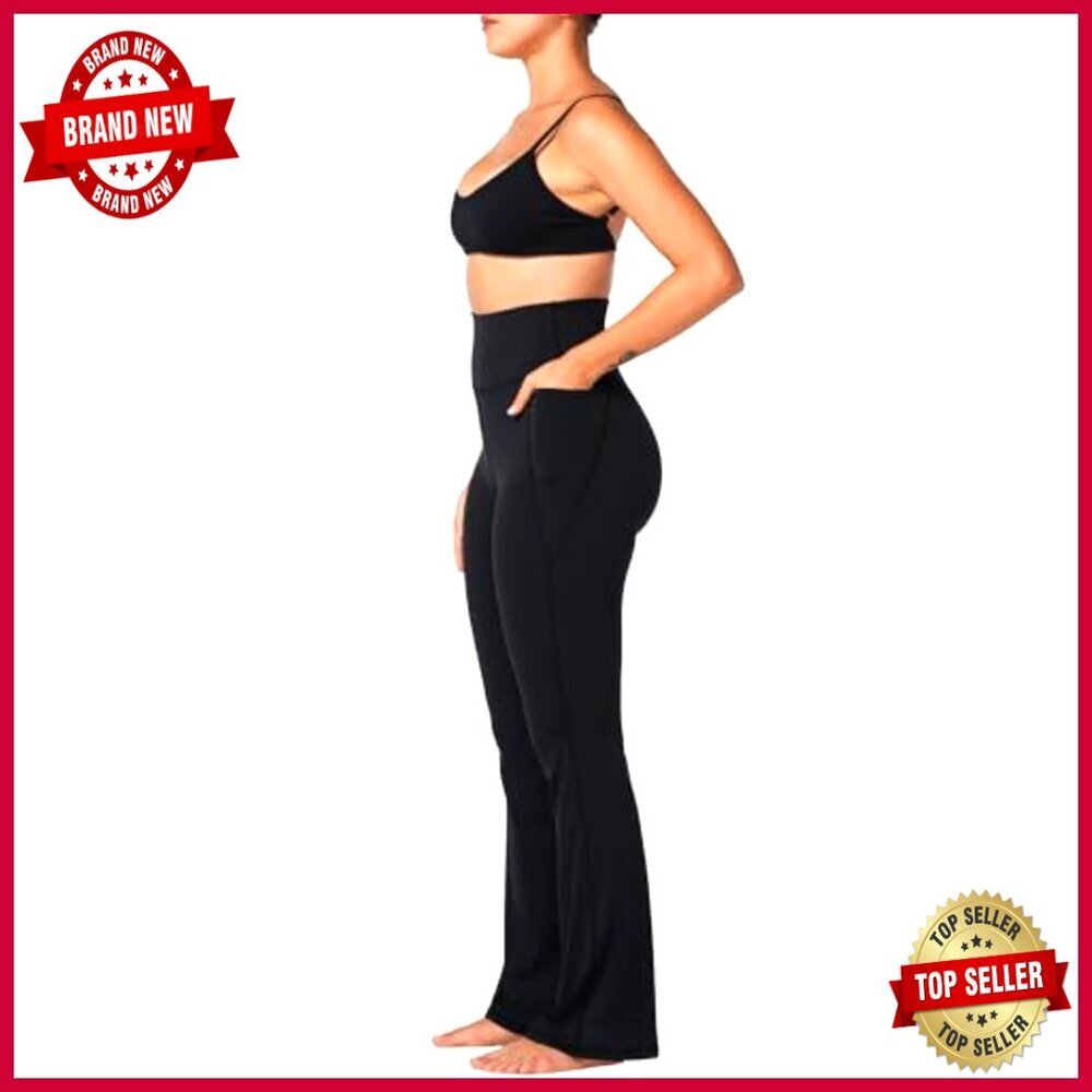 High Waisted Tummy Control Mini Flare Leggings with Pockets Yoga Pants - Picture 6 of 7